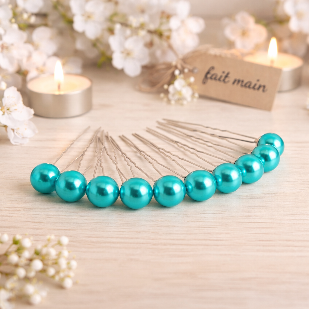 Lot de 10 épingles à chignon avec grosses perles bleu azur et tiges en métal argenté
