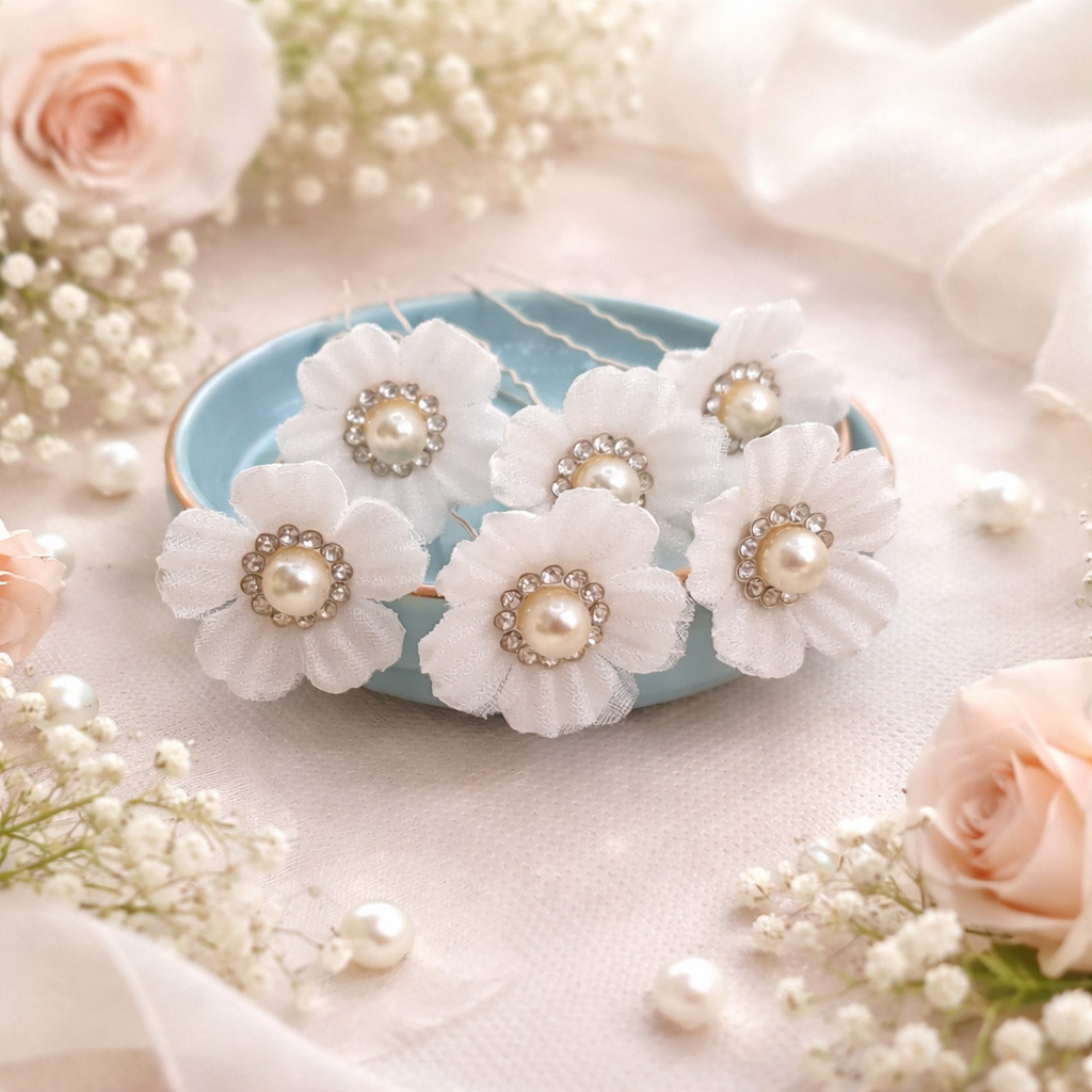 Lot de 6 épingles à chignon – Fleurs blanches en organza et satin – Fait main – Image 2