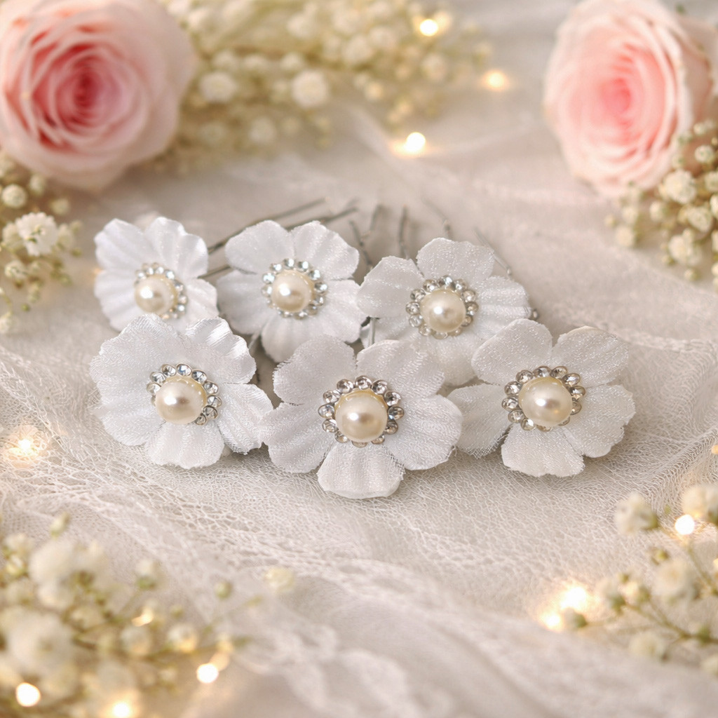 Lot de 6 épingles à chignon avec fleurs blanches en organza et satin ornées de perles