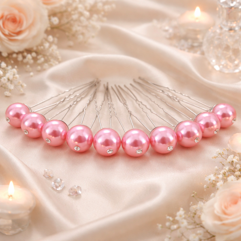 Lot de 10 épingles à chignon avec perles roses nacrées et petits strass, disposées en éventail