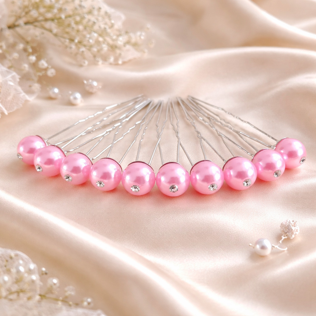 Lot de 10 épingles à chignon avec perles roses et strass disposées en éventail sur un tissu satiné