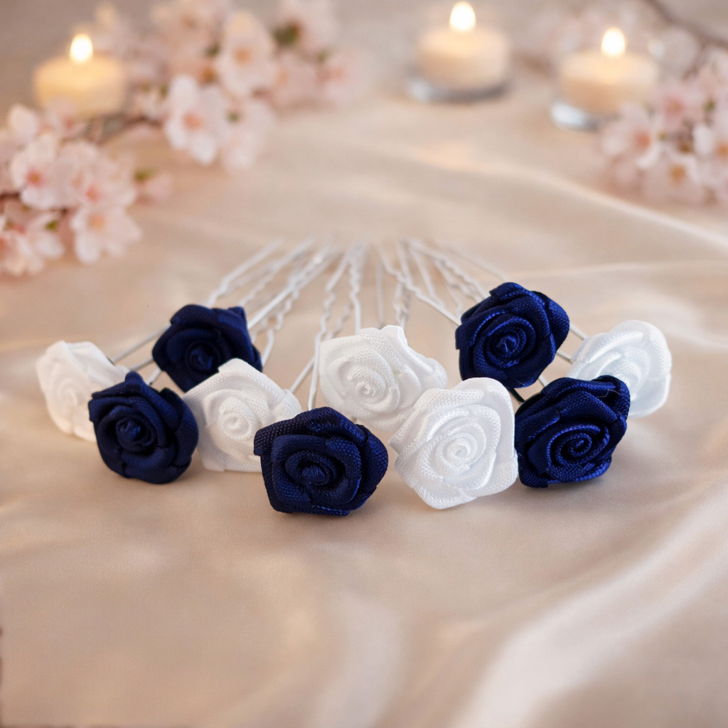 Épingles à chignon roses satin bleu marine et blanc – Fait main – Lot de 10 – Image 3