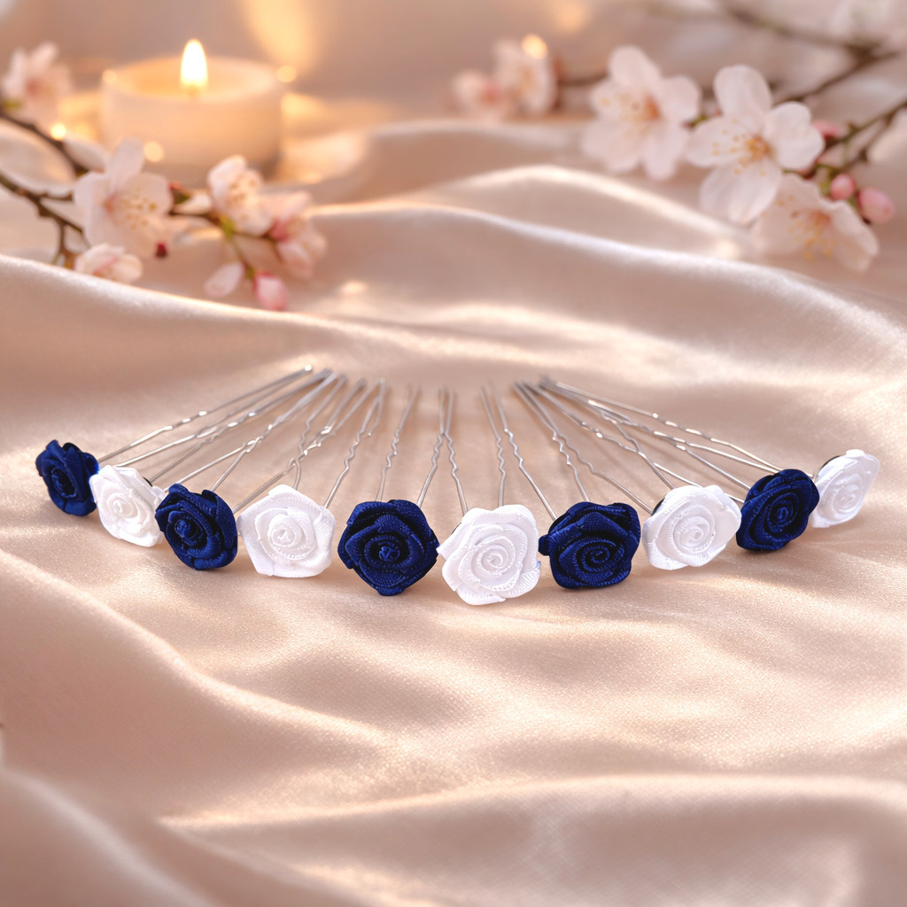 Lot de 10 épingles à chignon avec roses en satin bleu marine et blanches disposées en éventail