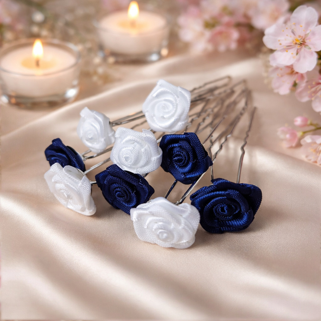Épingles à chignon roses satin bleu marine et blanc – Fait main – Lot de 10 – Image 2