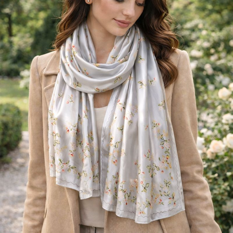 Foulard satin bleu pastel à motifs floraux porté autour du cou