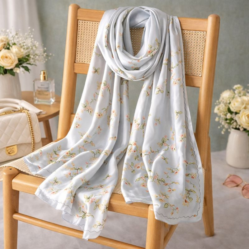 Foulard satin bleu pastel à motifs floraux – 180 × 90 cm – Image 4