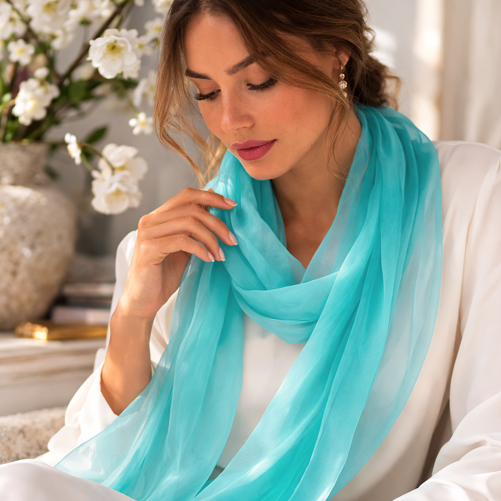 Femme portant un foulard bleu turquoise effet mousseline