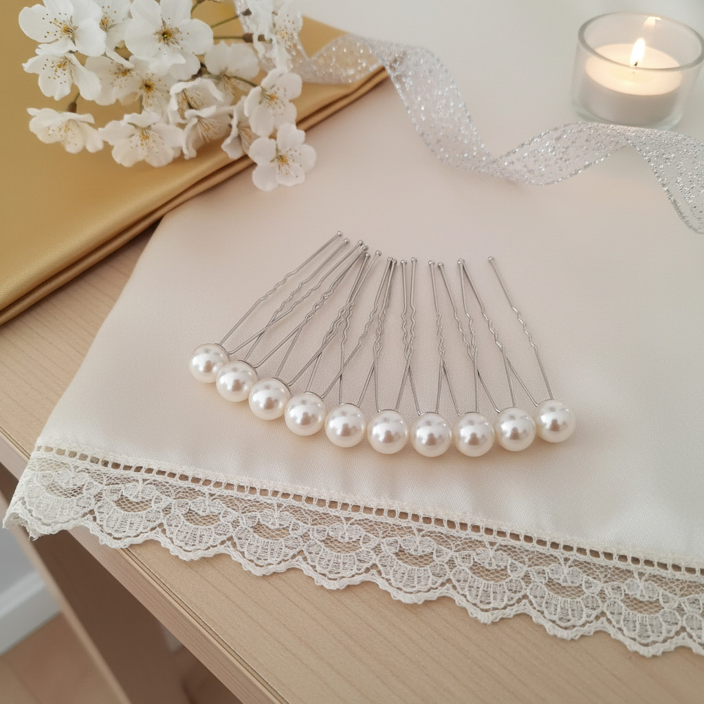 Lot de 10 épingles à chignon – Perles blanches nacrées – Fait main – Image 3