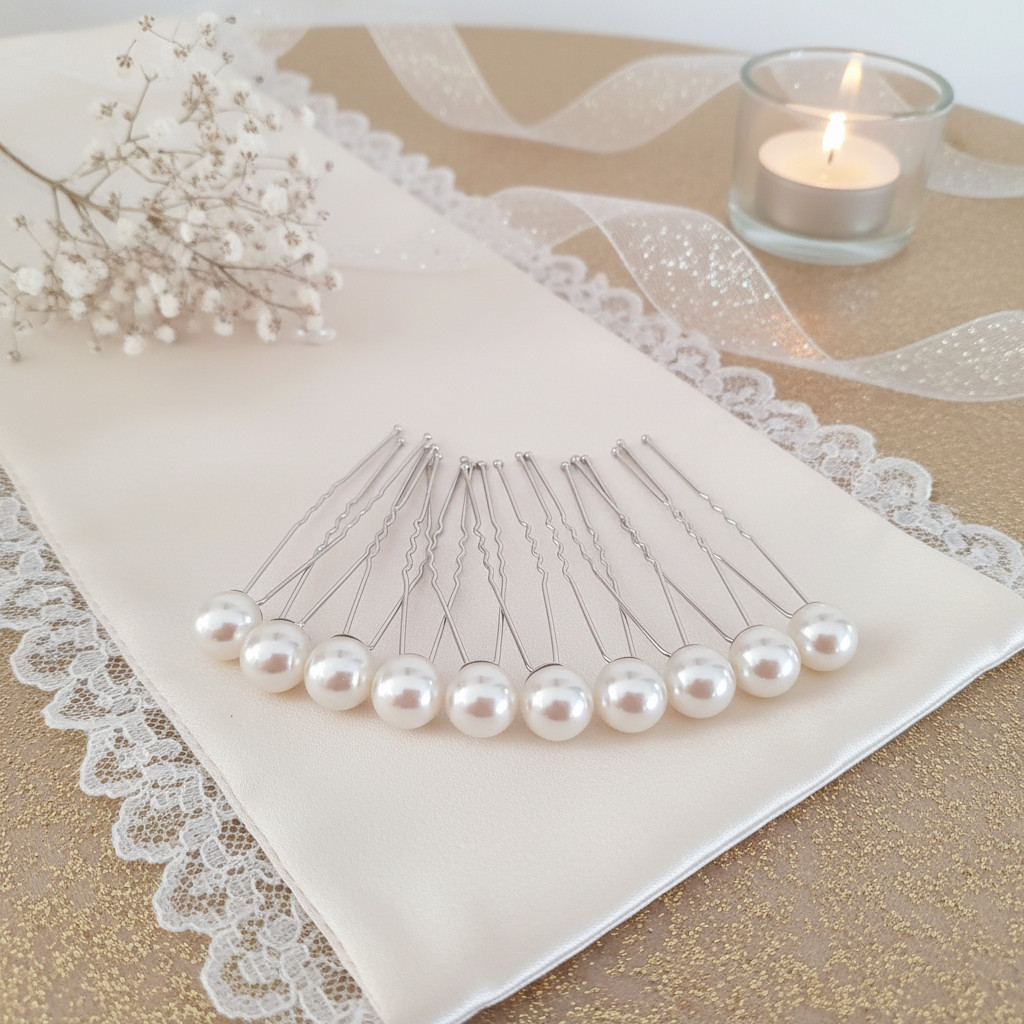 Lot de 10 épingles à chignon avec perles blanches nacrées, disposées en éventail sur un tissu clair