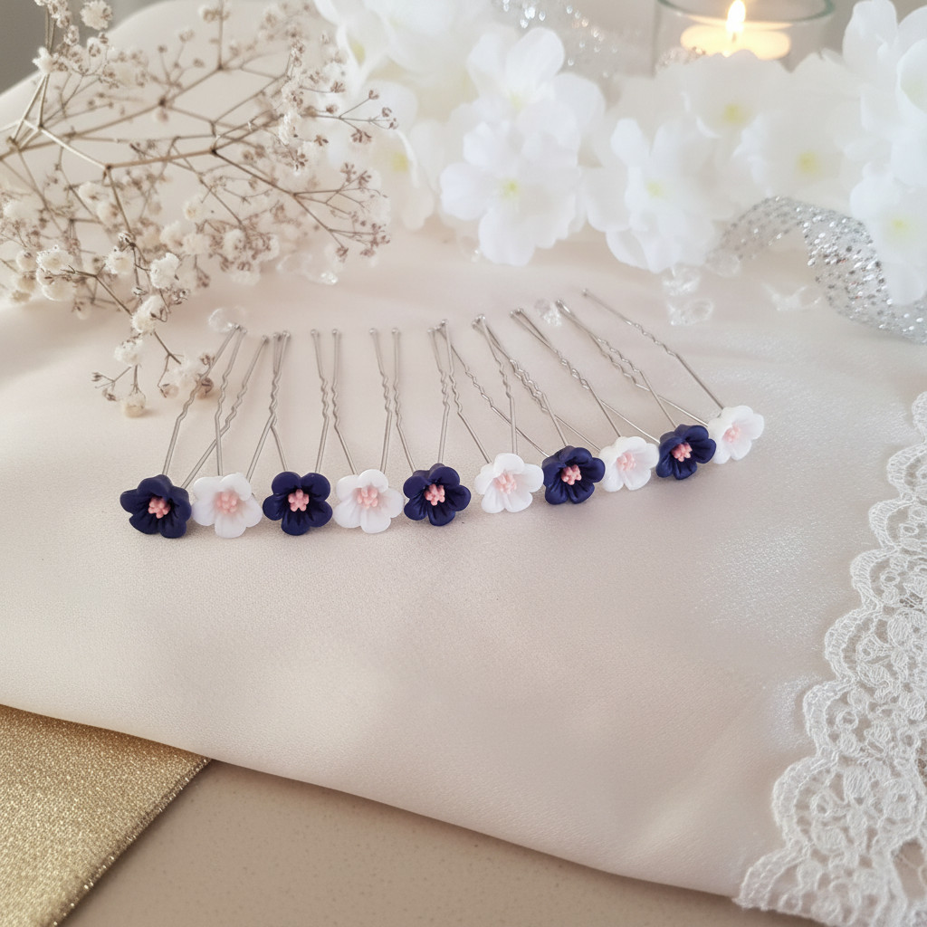 Lot de 10 épingles à cheveux – Fleurs bleu marine et blanches à cœur rose – Image 2