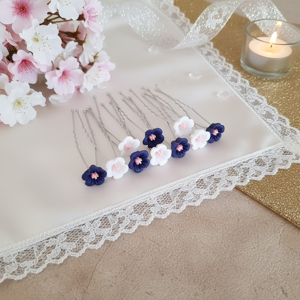 Lot de 10 épingles à cheveux avec fleurs bleu marine et blanches à cœur rose poudré sur un tissu clair