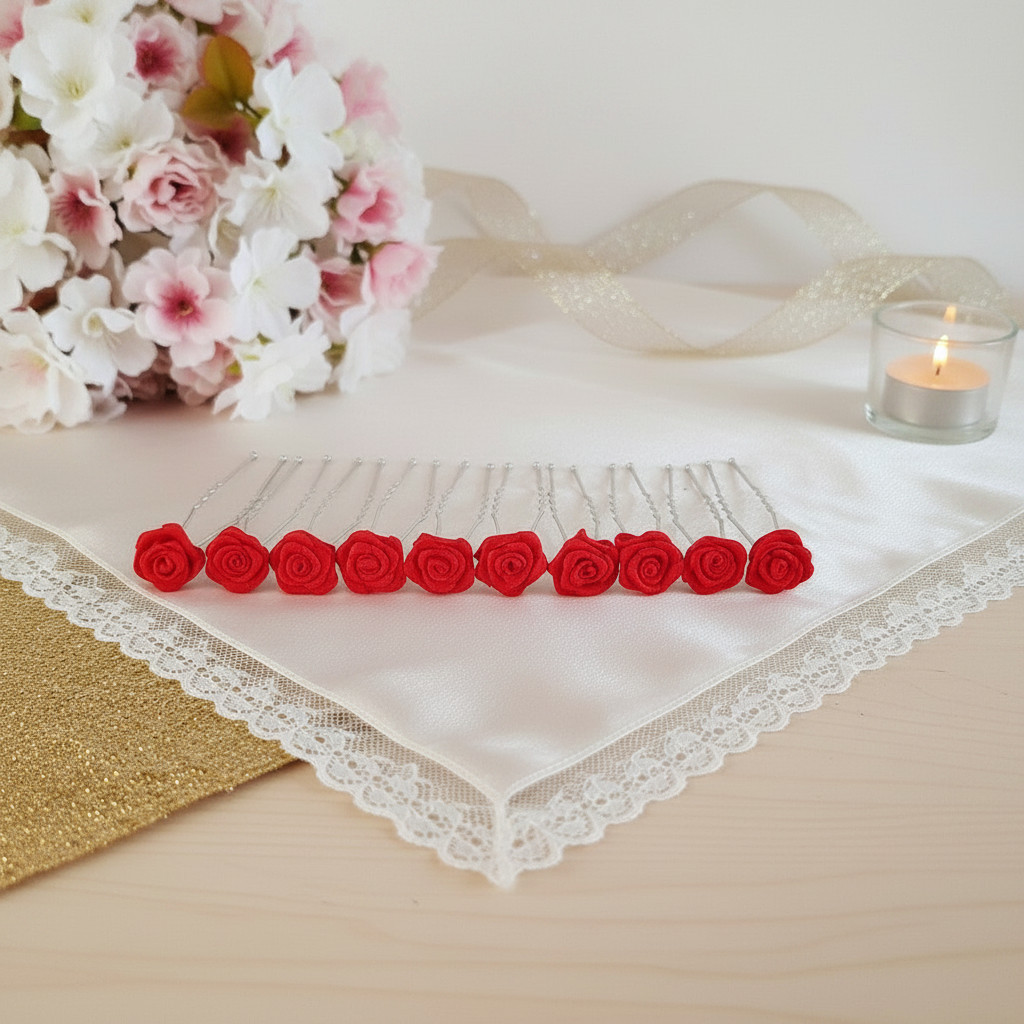 Lot de 10 épingles à chignon – Roses rouges en satin – Fait main – Image 2