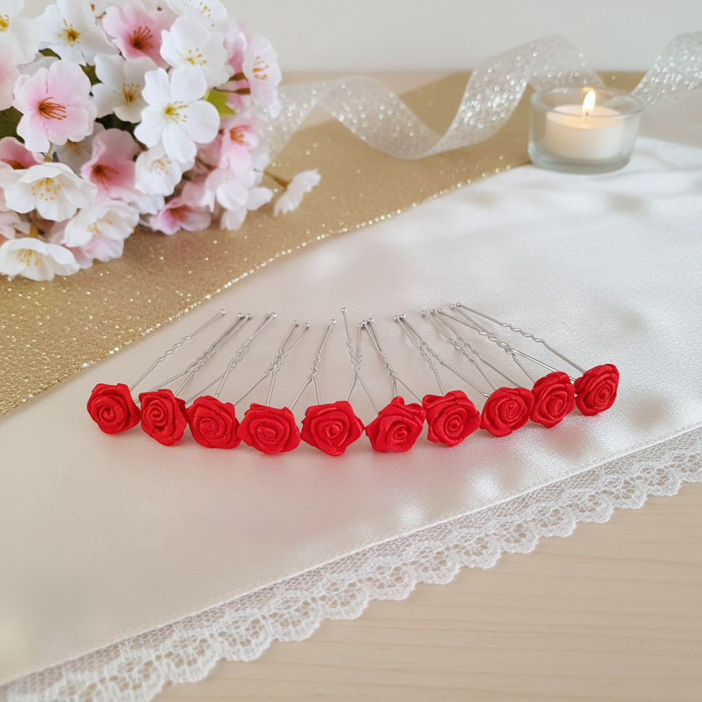 Lot de 10 épingles à chignon ornées de roses rouges en satin alignées sur un tissu blanc