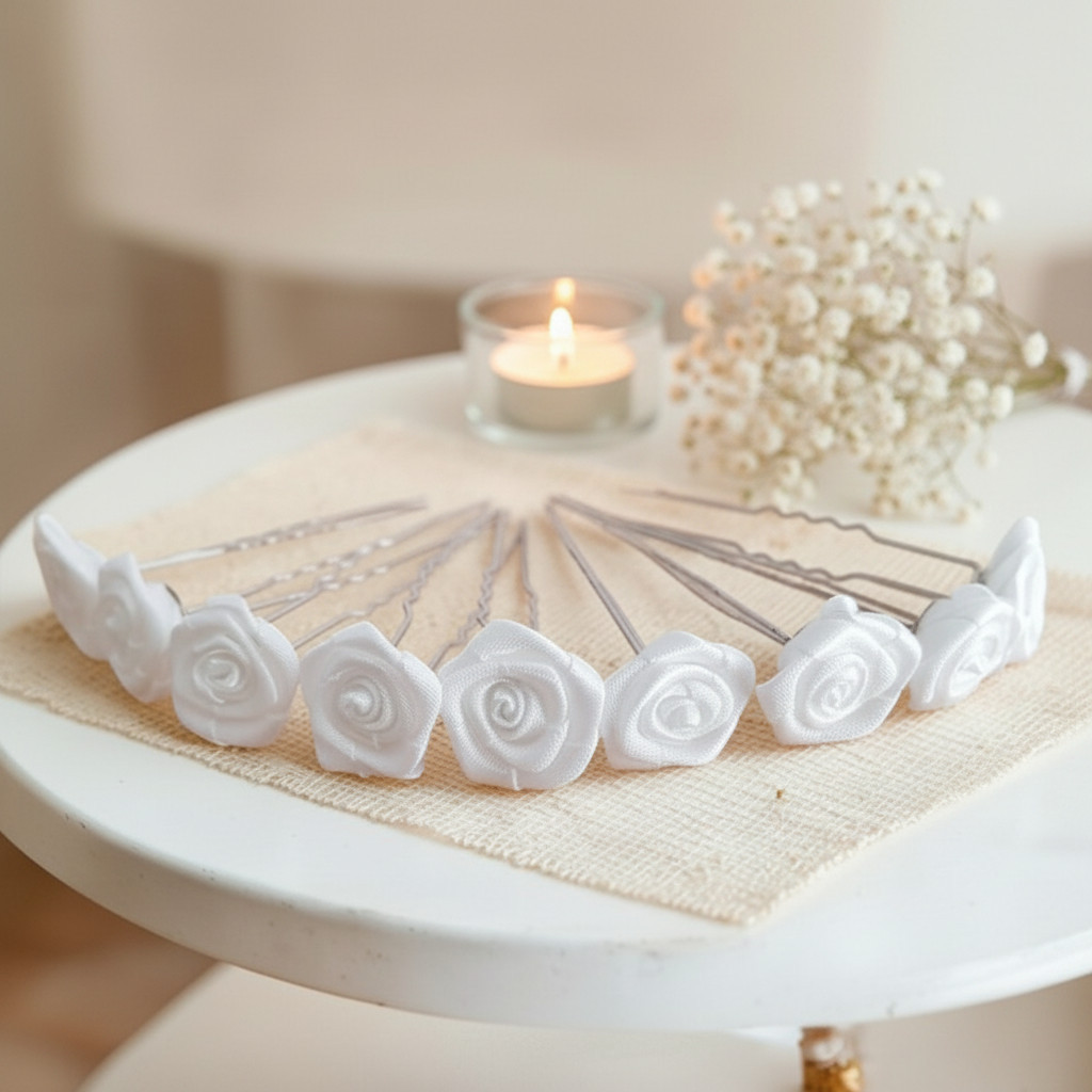 Lot de 10 épingles à chignon avec roses blanches en satin disposées en éventail