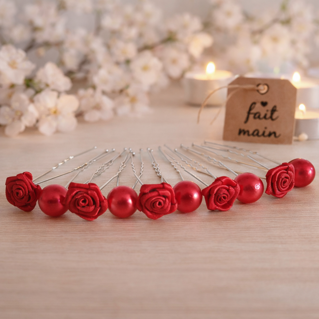 Lot de 10 pics à chignon rouges avec roses en satin et perles, disposés en éventail
