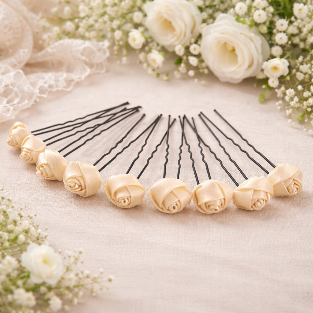 10 Pics à chignon fleurs satin ivoire – mariage et cérémonie – Image 2