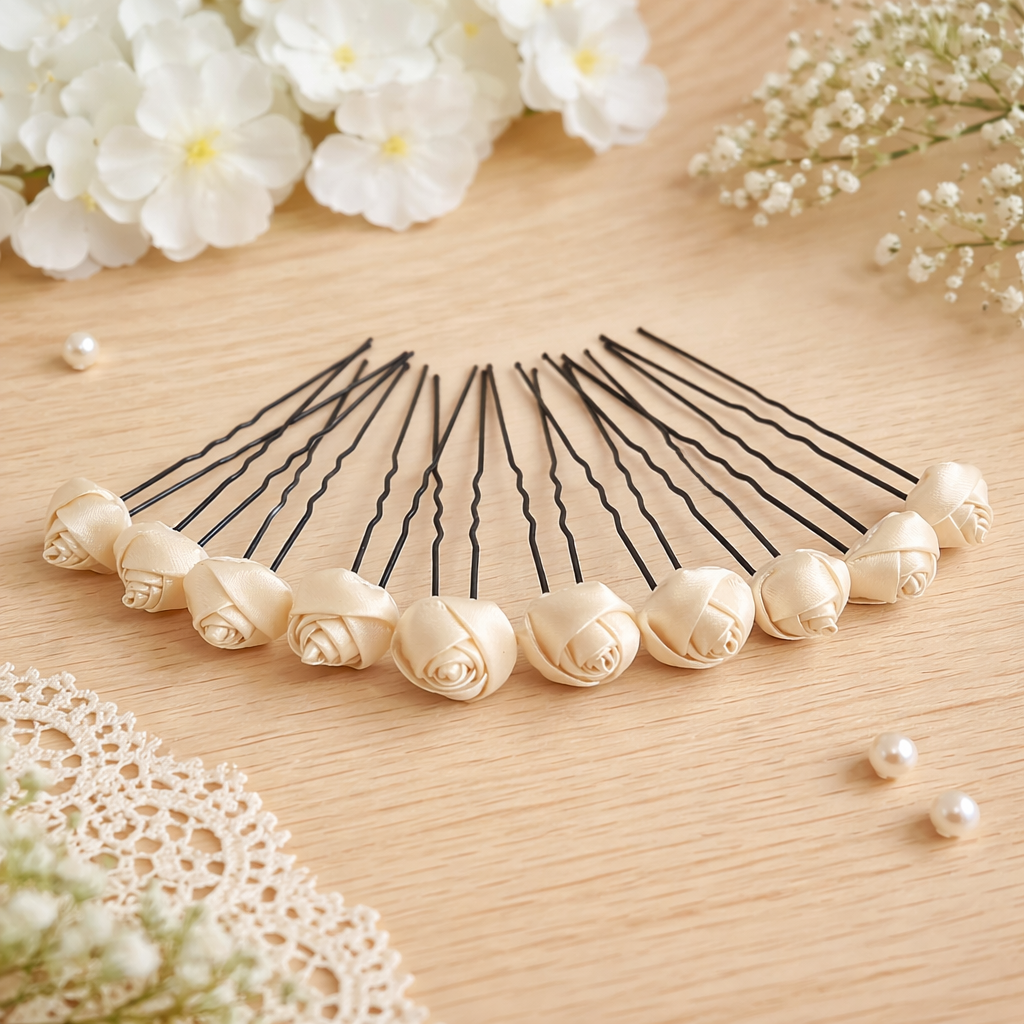 Pics à chignon avec roses en satin ivoire disposés en éventail sur un support en bois