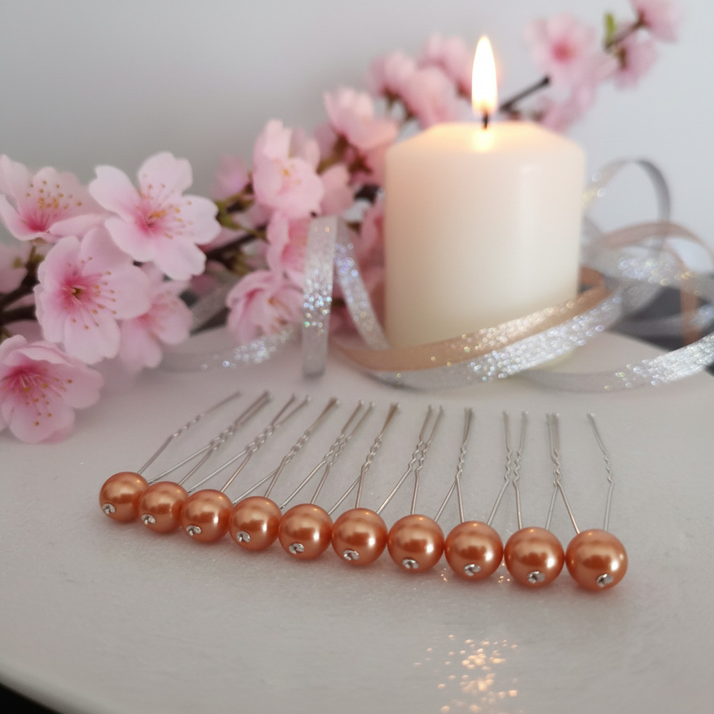 Lot de 10 épingles à chignon – Perles abricot nacré et strass – Fait main – Image 2