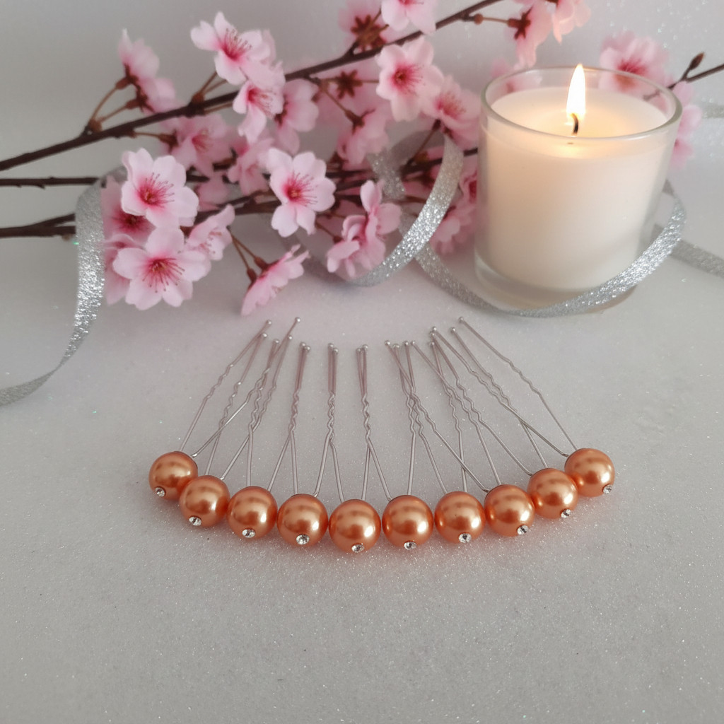 Lot de 10 épingles à chignon – Perles abricot nacré et strass – Fait main – Image 3