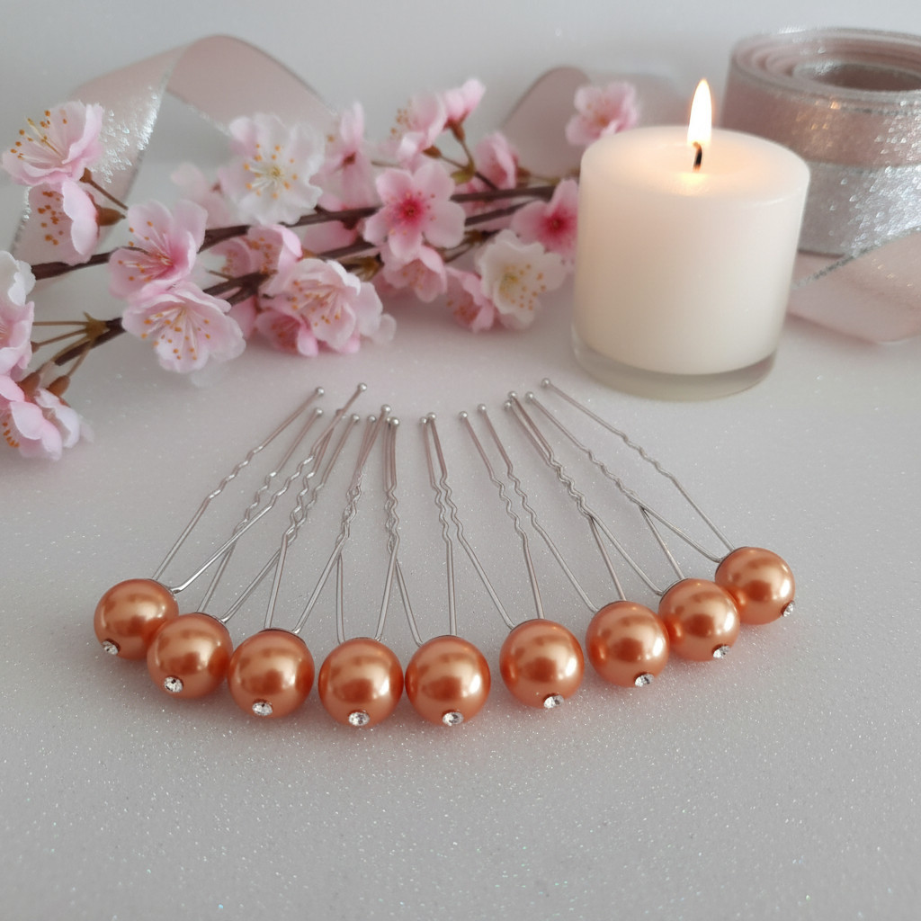 Lot de 10 épingles à chignon – Perles abricot nacré et strass – Fait main – Image 4