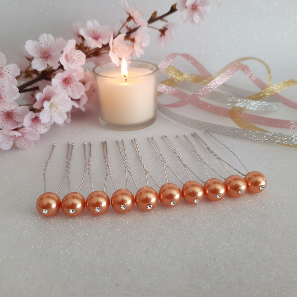 Lot de 10 épingles à chignon – Perles abricot nacré et strass – Fait main